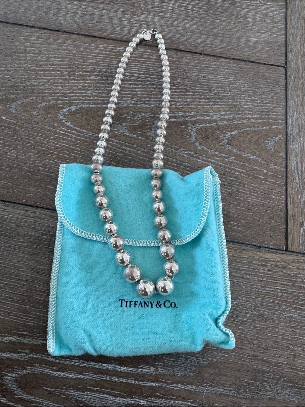 Tiffany & Co. Sterling Silver Graduated Bead Necklace with Blue Pouch